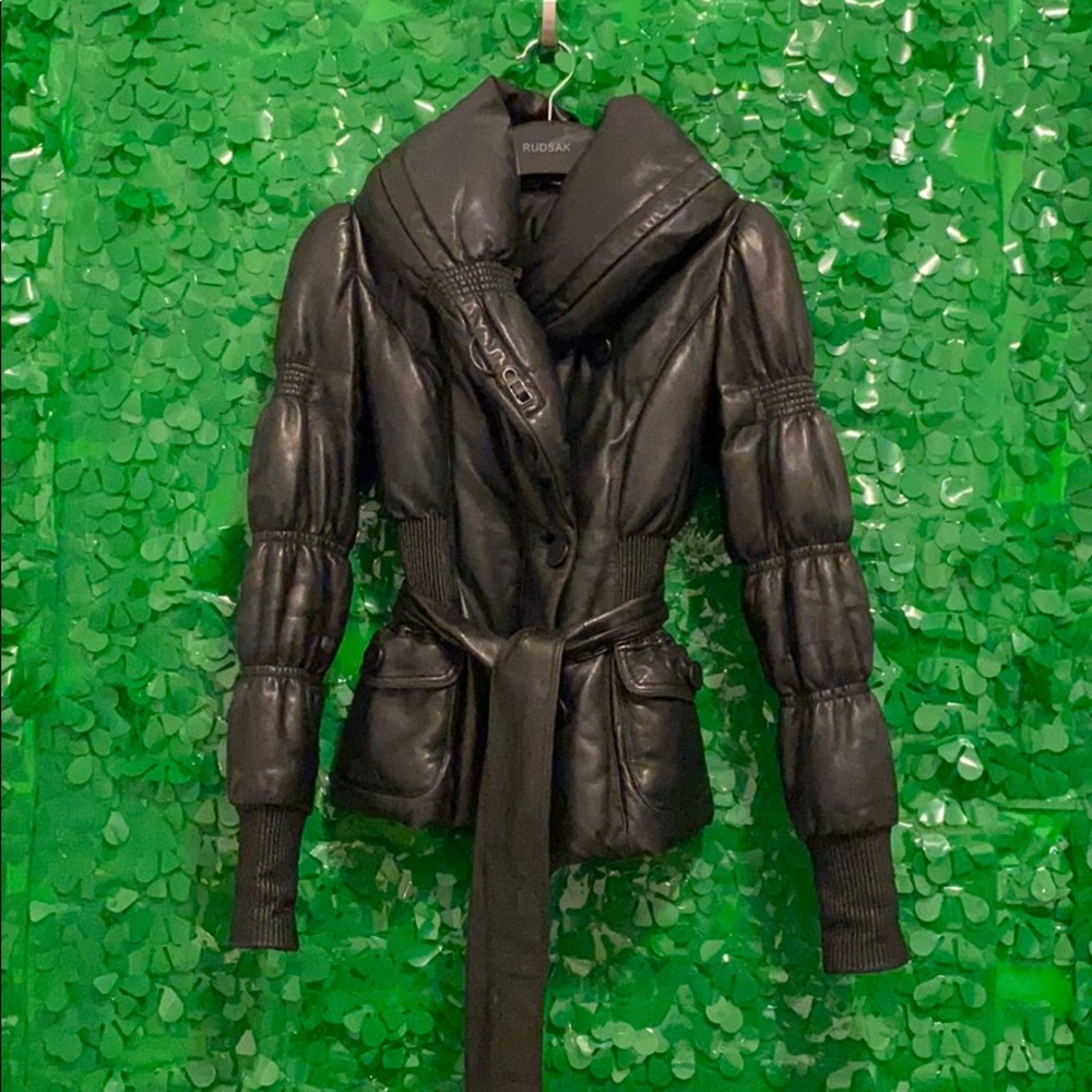 Rare Genuine Leather Bubble Winter Coat with belt
